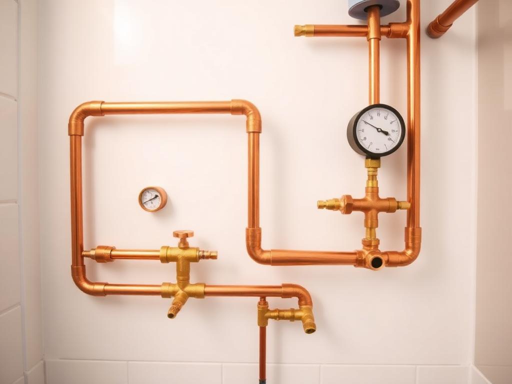 Nyinstallerade kopparrör och mässingsventiler i ett teknikrum