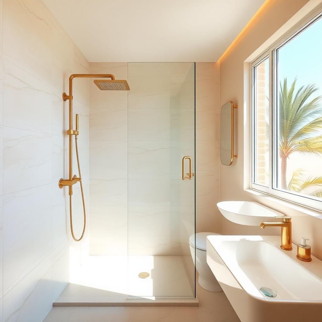 Renoverat badrum med guldarmatur i Nerja, Costa del Sol