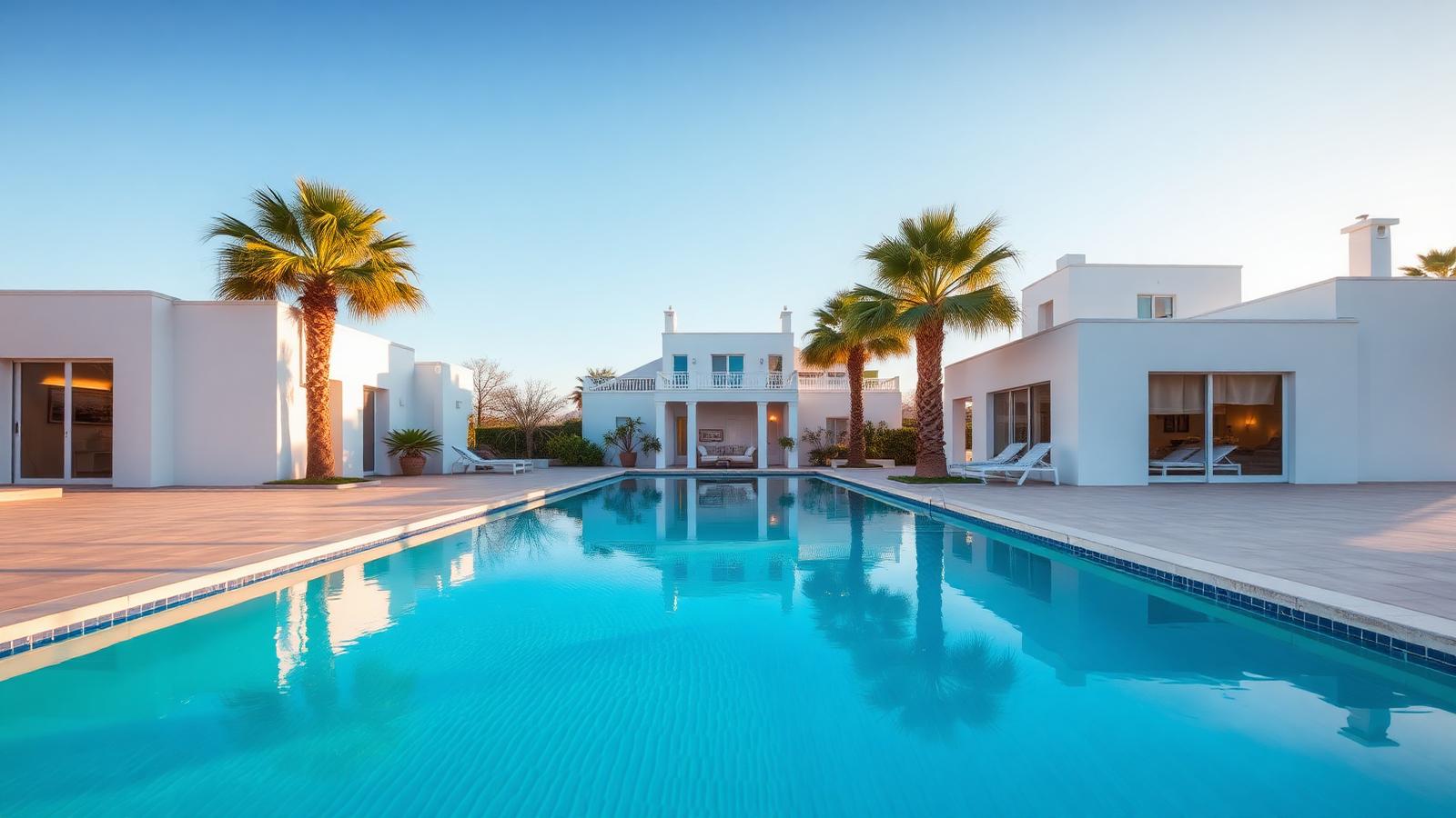 Turkos pool vid vit medelhavsvilla på Costa del Sol