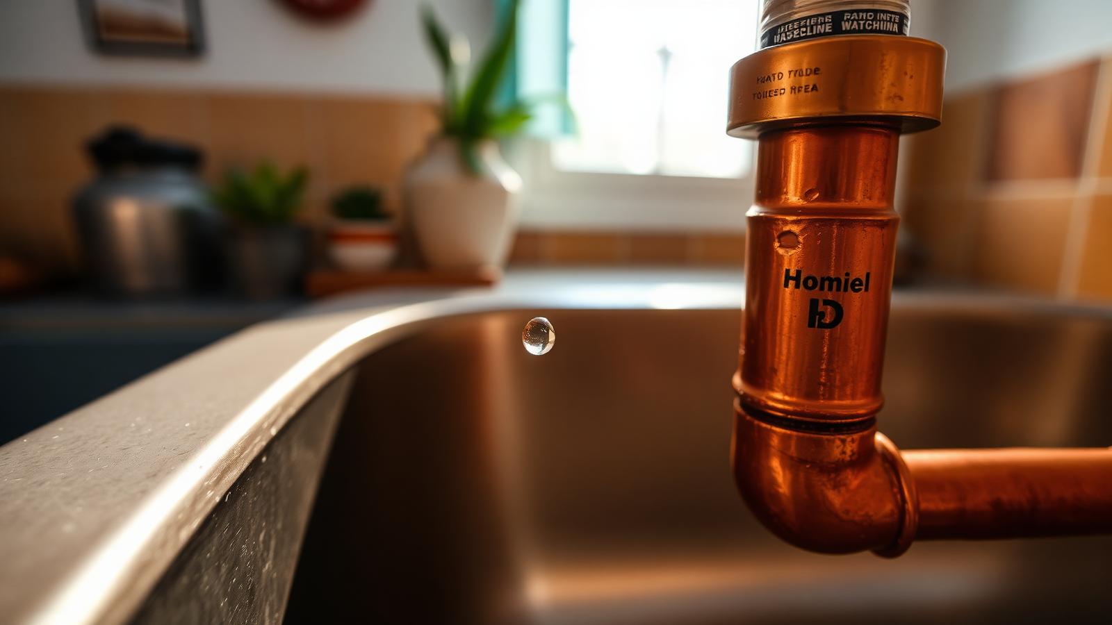 Läckande kopparrör med vattendroppe under diskbänk